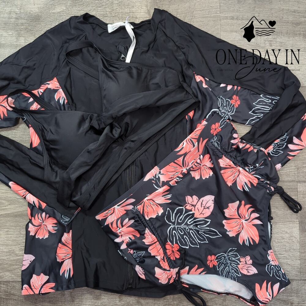 Jasambac Rashguard Twist Front High Waist 3 Piece Bikini Swimsuit Size M